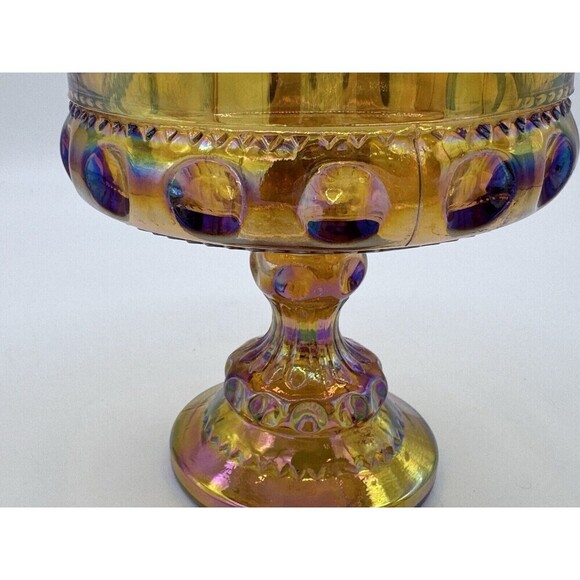 Kings Crown Indiana IRIDESCENT AMBER MARIGOLD Carnival Glass Candy Dish Compote - Picture 5 of 9